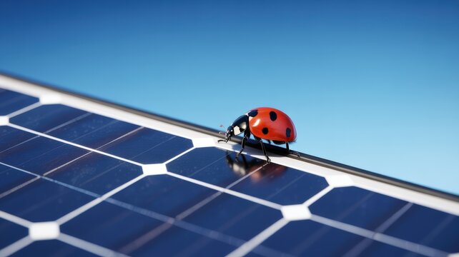 Ladybug on Solar Panel. A close-up of a ladybug on a solar panel under a clear blue sky, symbolizing clean energy and the harmony between nature and technology. - Powered by Adobe