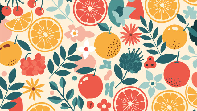 Seamless colorful pattern featuring citrus fruits like oranges and lemons, mixed with berries, leaves, and decorative floral design elements.
