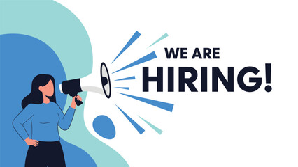 We are hiring recruitment concept illustration featuring a professional woman holding a megaphone next to large bold announcement text.