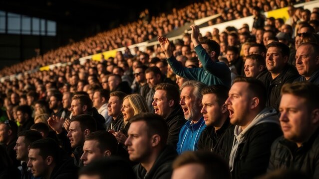 Passionate profile of football fans shouting in unison from the grandstand during golden hour, reflecting the vocal intensity of live sports culture.