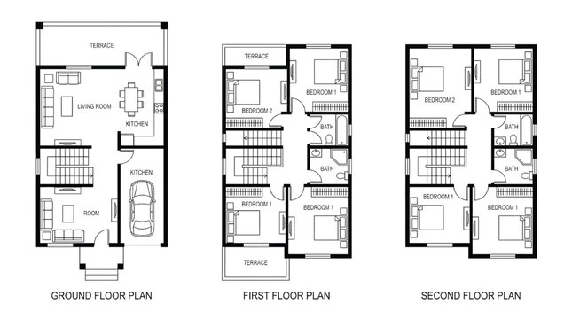 Detailed multi-story house floor plans with ground, first, and second floor layouts