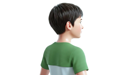 Profile of a Young Boy with Dark Hair Wearing a Green and White T-Shirt