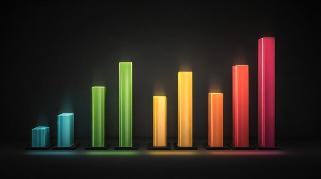 A colorful bar graph shows increasing growth trend with vibrant bars on dark background - Powered by Adobe