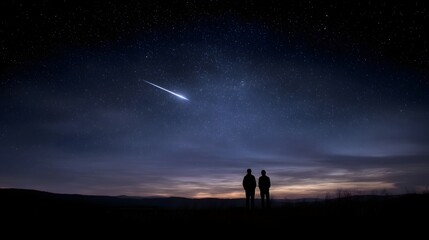 Fototapeta premium Two silhouetted figures gaze at a brilliant shooting star streaking across a vast star filled night sky with a twilight horizon