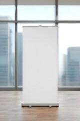 Large white banner on a stand in office