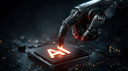 Ai robot finger chip circuit glow neon metal hand technology ai robot finger touch chip circuit glow neon metal hand technology concept, futuristic artificial intelligence hardware detail dark