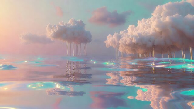 Ethereal landscape with cloud-like trees rising from a shimmering, iridescent sea under a soft pastel sky, embodying a dreamlike fantasy.