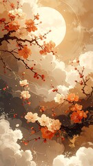 A serene celestial scene showcases a full moon illuminating a cloudy sky. Flowering branches, painted with soft hues, frame the view