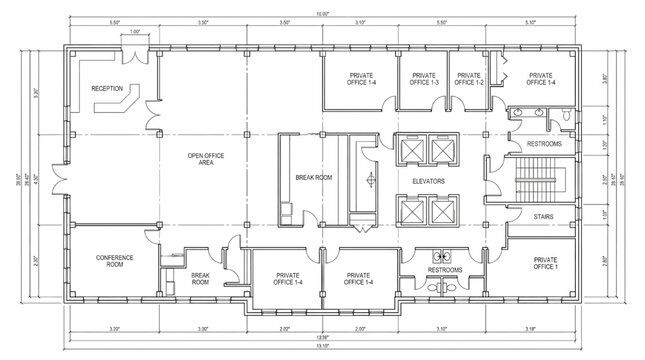 Modern office floor plan with private offices and open space