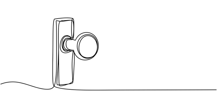Door knob continuous one line drawing, Door outline drawing illustration. Open door one line illustration, Doorknob Black Stroke Linear Icon, Continuous one line drawing of Opened door design.