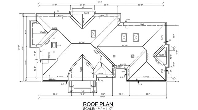 Detailed architectural roof plan with precise measurements and labels