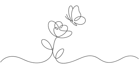 Flower with flying butterfly continuous line art drawing. Plumeria one line symbol. Vector illustration isolated on white, Continuous line butterfly art. Outline single art butterfly hand drawn sketch © Creative Tania