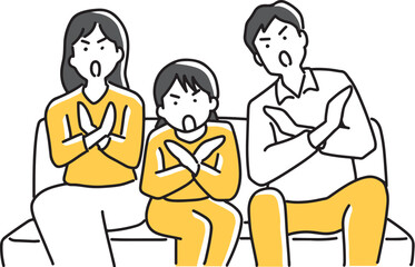 反対ポーズをとる父母と娘