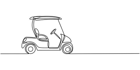Continuous line golf car art. Single line golf cart concept. Line art, outline, banner in minimalism style. Vector illustration, Golf cart continuous line. Continuous one line drawing golf cart. © Creative Tania