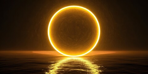 A glowing yellow circle reflected on a dark water surface under a dark background