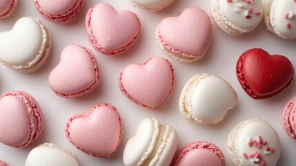 Fototapeta premium Macarons in heart shape in gift box isolated on pink background,events,aniversary festival gift set,french macaron cookies,trendy 2026,couple valentine Romantic love or pastry shop.
