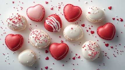 Fototapeta premium Macarons in heart shape in gift box isolated on pink background,events,aniversary festival gift set,french macaron cookies,trendy 2026,couple valentine Romantic love or pastry shop.