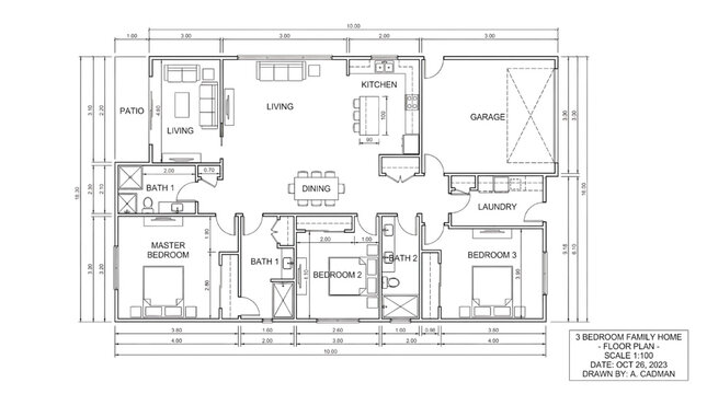 Detailed floor plan of a modern 3 bedroom family home