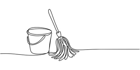 Continuous one line drawing of mop and bucket. Cleaning concept. Simple vector illustration, Single line draw design vector graphic illustration. Cleaning tools one line colored continuous drawing. © Creative Tania