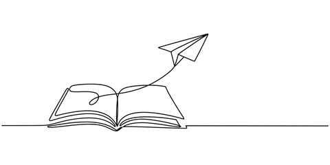 Opened book and flying paper plane continuous one line drawing. Hand drawn line art vector illustration, Creative strategy and education innovation, Minimalist simple contour design. © Creative Tania