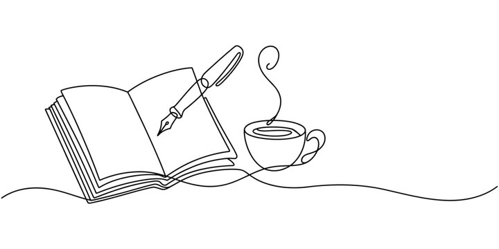 Single continuous line drawing of hand gesture writing on an open book beside a cup of coffee at work desk. Writing draft business concept. Modern one line draw design vector graphic illustration