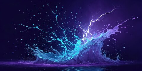A vibrant splash of water with neon blue accents and a bolt of lightning above it