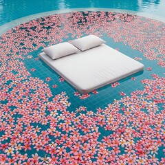 A tranquil floating bed adorned with pink flowers rests on a serene turquoise pool, creating a