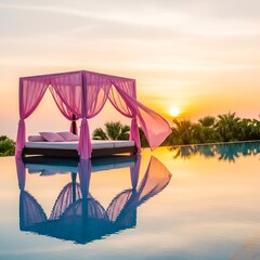 Serene infinity pool with a romantic pink canopy bed awaits a tranquil sunset, reflecting dreamily