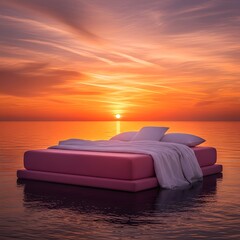 A surreal pink bed with white linens floats on calm ocean waters during a vibrant, golden sunset