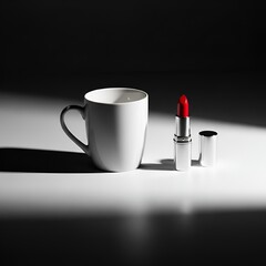 A stark composition featuring a white ceramic mug and a bright red lipstick with its silver cap