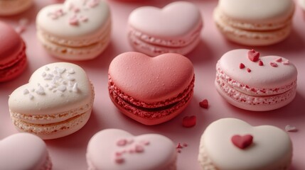 Obraz premium Macarons in heart shape in gift box isolated on pink background,events,aniversary festival gift set,french macaron cookies,trendy 2026,couple valentine Romantic love or pastry shop.