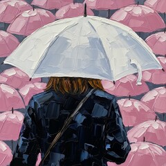 A solitary figure holds a large white umbrella amidst a sea of pink umbrellas, depicted in thick