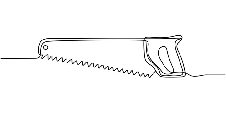 Continuous line drawing of wood saw.one line drawing of carpenter equipment saw, Hand saw continuous line drawing. Home tool for cutting wood. Simple hand drawn style vector design element.