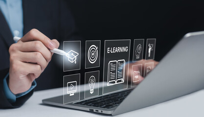 Business professional using e-learning interface on laptop with graduation cap, digital book,...