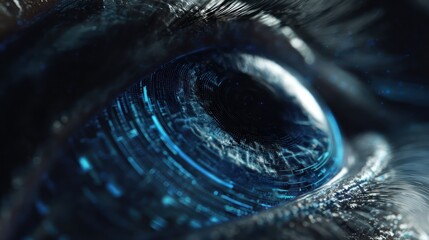 Close-up of a futuristic blue eye with digital circuitry, bnv (218) technology concept
