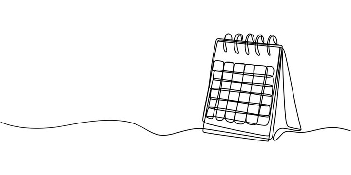 Continuous one line art drawing of table calendar vector icon. Table calendar continuous one line drawing and happy new years outline vector icon