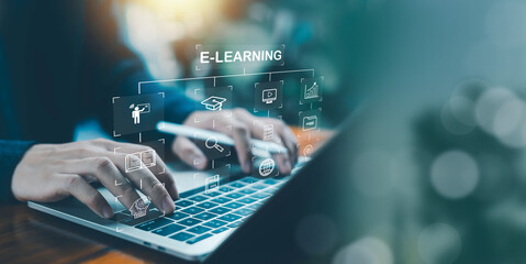 Hands using laptop with e-learning system interface showing online courses, digital knowledge modules, training workflow, and smart education icons, representing modern online learning platform, © wasan