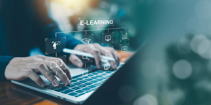 Hands using laptop with e-learning system interface showing online courses, digital knowledge modules, training workflow, and smart education icons, representing modern online learning platform,