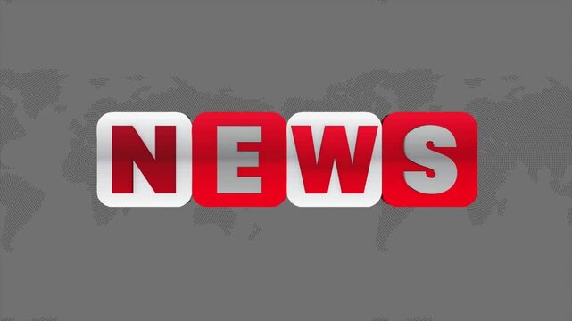 News headline with bold red and white letters on a gray global map background viewed from directly above, 3D rotating "NEWS" text animation on a clean modern news background with world map.