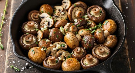 Fototapeta premium Whole button mushrooms sizzle richly seasoned in a black cast iron skillet