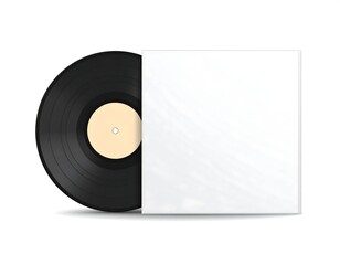 A black vinyl record partially emerging from a white sleeve
