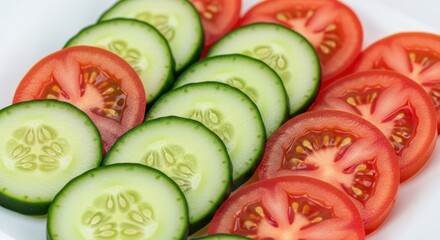 Slices of fresh tomato and cucumber are arranged neatly on a white surface.