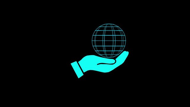 Cyan hand holding a wireframe globe on black background world earth