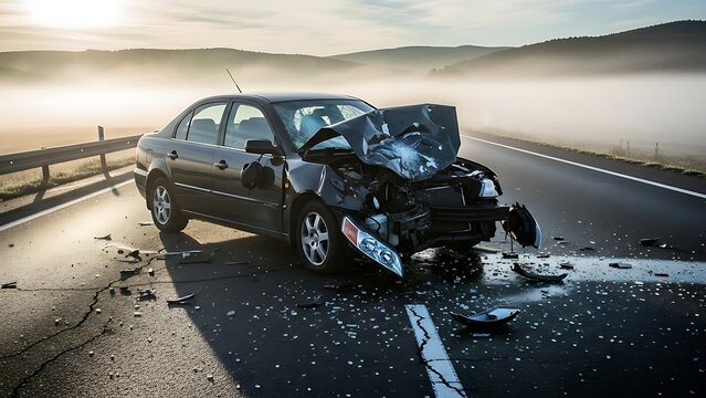 Damaged car on road with debris and fog in background  accident scene