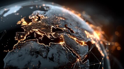 Futuristic digital globe of Earth with glowing data points network connections on a dark background	
 - Powered by Adobe