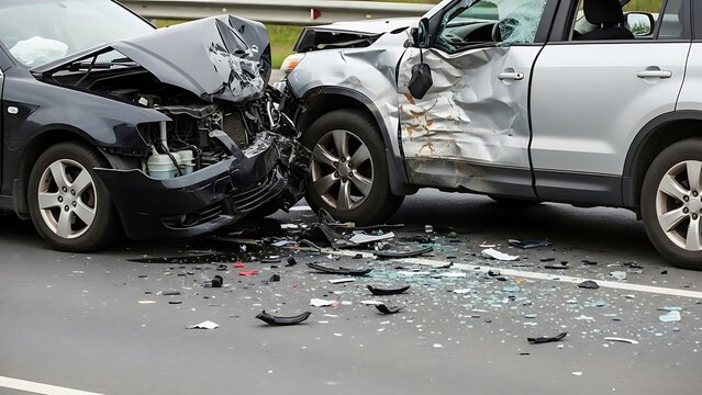 Two cars severely damaged in a collision on a highway road accident scene
