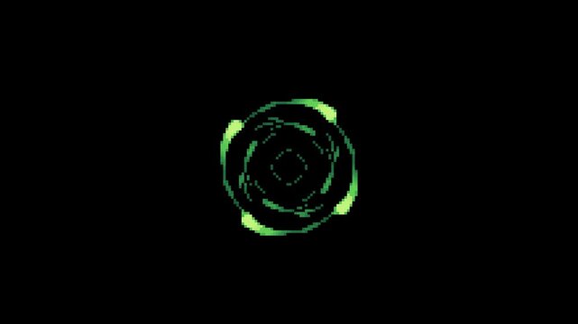 green flame rotation effect in pixel art style with black screen background