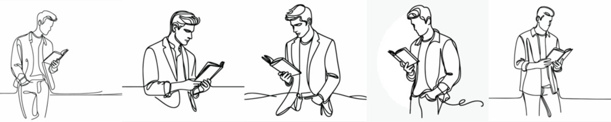 Obraz premium line art half body of a man standing reading a book