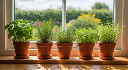 Row of five terracotta pots containing vibrant green herbs sitting on a sunlit wooden windowsill