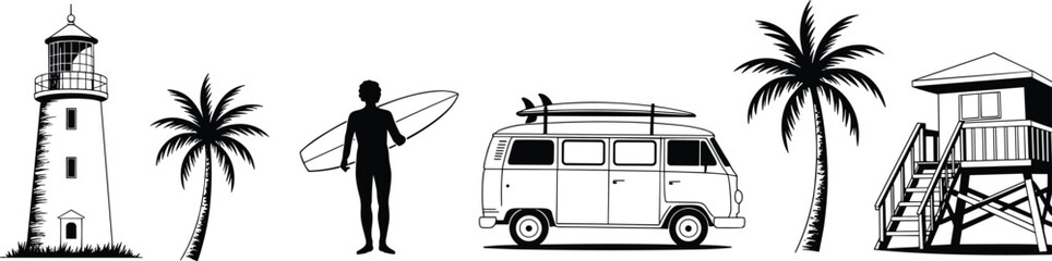 Beach surf lifestyle illustration set featuring lighthouse palm trees surfer silhouette vintage van lifeguard tower coastal summer travel scene